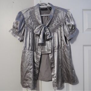 satin silver button down tie top